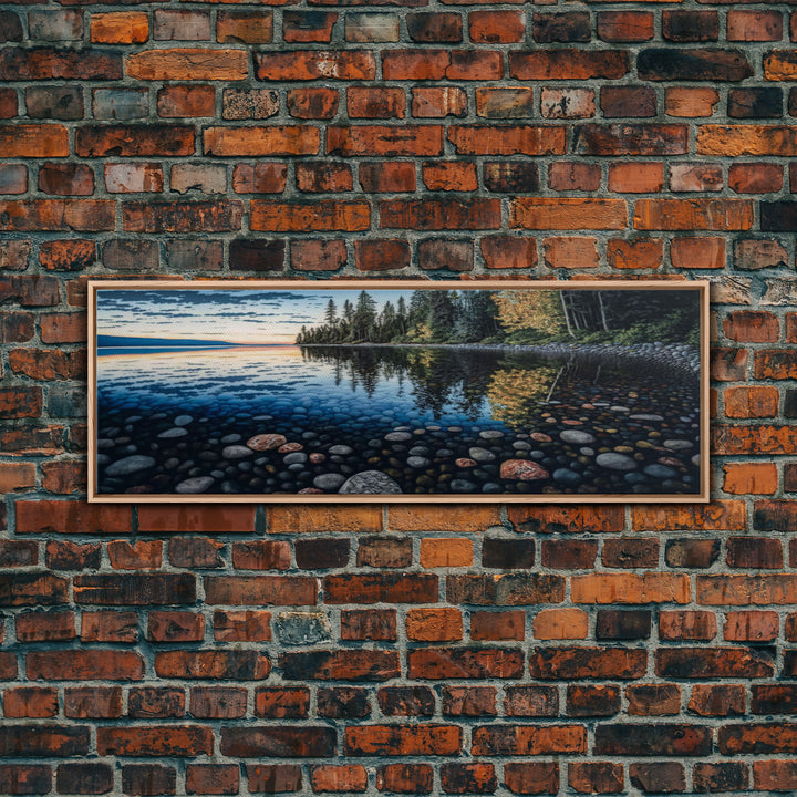 Pacific Northwest Stream or River Watercolor Panoramic Canvas Print | Framed | Colorful Pebbles | Vibrant Colors | Home & Office Décor