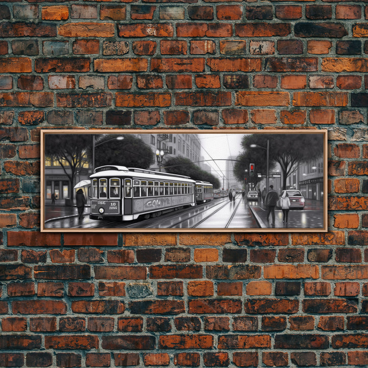 Tram In The City Canvas Print, Large Urban Art Print, City Art, Cityscape, Streetcar Wall Decor, Panoramic, Wall Art, Canvas Print