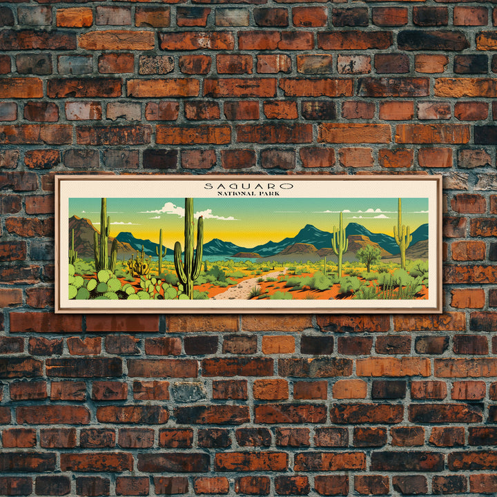 Saguaro  National Park Panoramic Arizona Travel Art, National Park Print, Minimalist Travel Art, Subdued Watercolor Painting Panoramic