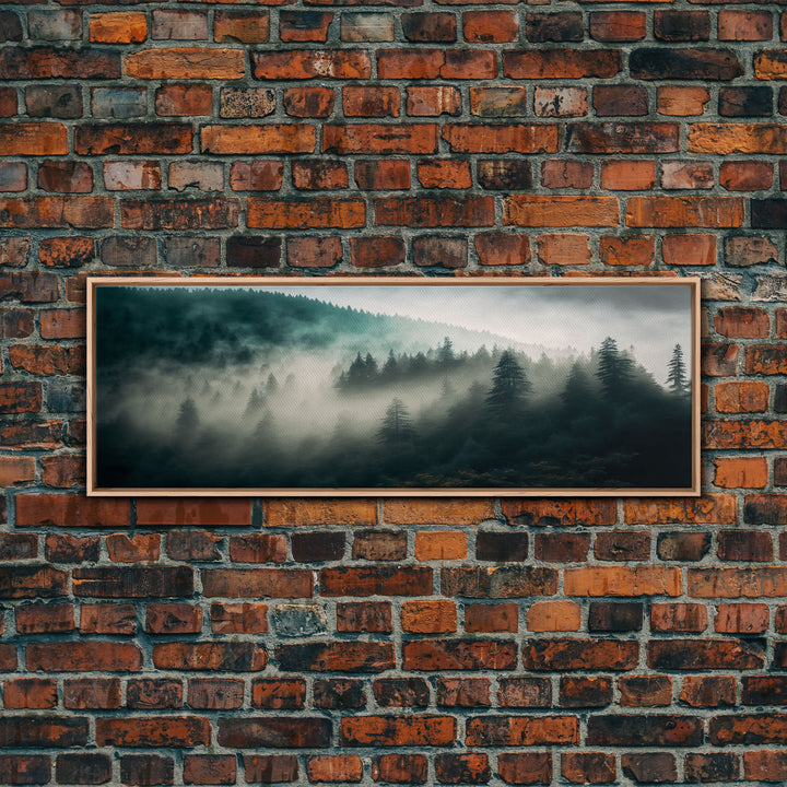Panoramic watercolor of a misty forest fog, wall art, framed canvas print, farmhouse decor, foggy pine tree forest landscape, cabin art
