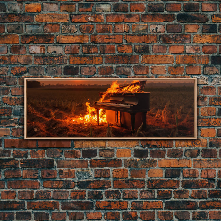 Urban Decay, Street Punk Art, Framed Canvas Print, Burning Grand Piano In A Field at Sunset, Dystopian Decor