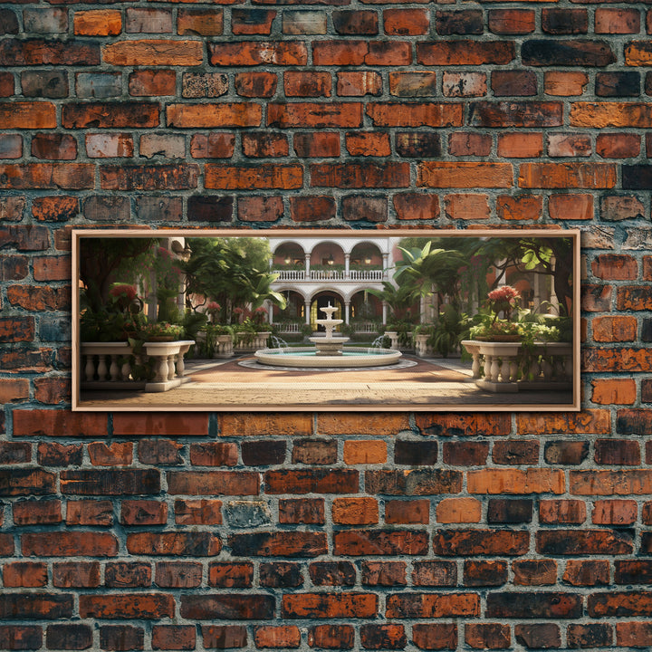 The Court Yard With The Marble Fountain, Framed Canvas Print, Watercolor Painting Framed Wall Art