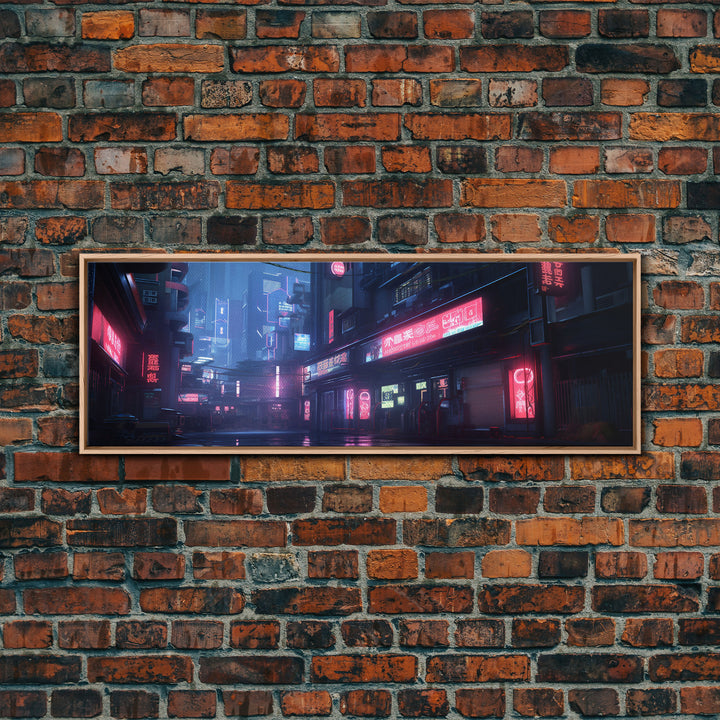 Neon Tokyo Streets, Futuristic Cyberpunk Cityscape Painting Framed Canvas Print, Game Room Decor, Framed Wall Art