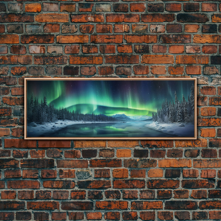Panoramic Aurora Borealis Wall Art, Framed Canvas Print, Snowy Winter Landscape Painting, Winter Centerpiece Wall Art