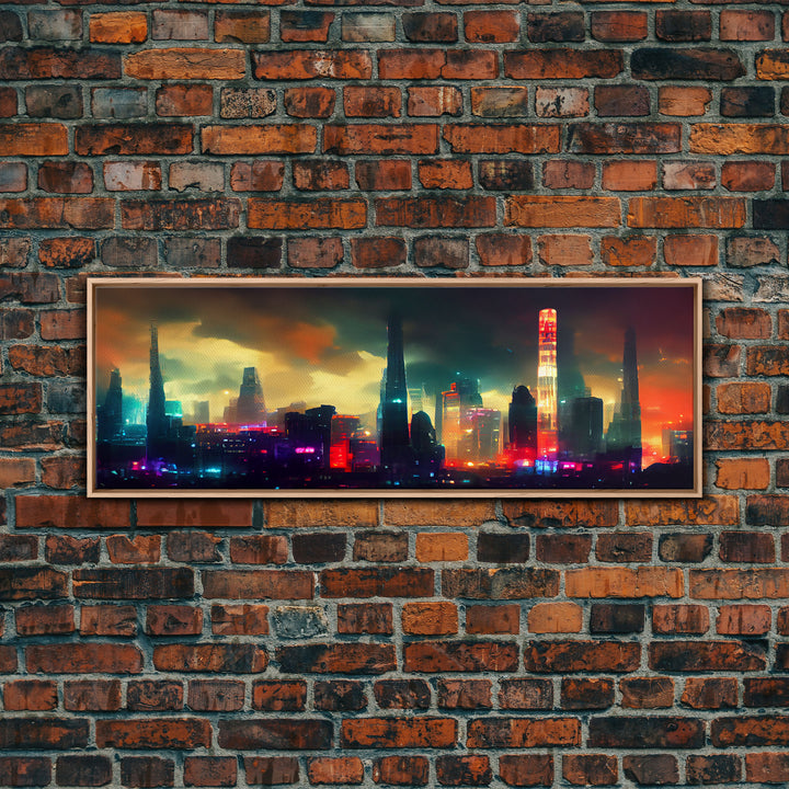 Cyber Punk Cityscape, Watercolor, Extra Large Wall Art, Framed Panoramic Canvas Print, Framed Wall Decor