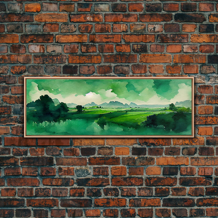 Watercolor Forest Landscape, Emerald Green, Extra Large Wall Art, Framed Panoramic Canvas Print, Framed Wall Decor