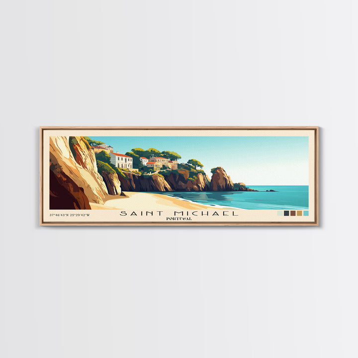 Saint Michael, Portugal Panoramic Print, Vacation Gift, Portugal Wall Art, Beach Painting, Beach Decor, Large Wall Art, Wood Frame Art
