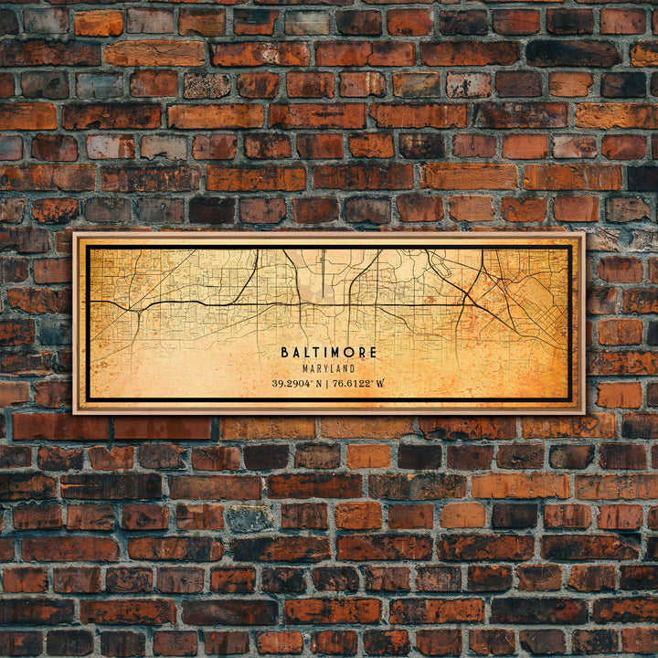 Panoramic Old Baltimore City Map Wall Art Canvas Print, Vintage Style Baltimore Map, Framed Wall Art, Cool Maryland Wall Art, Office Decor
