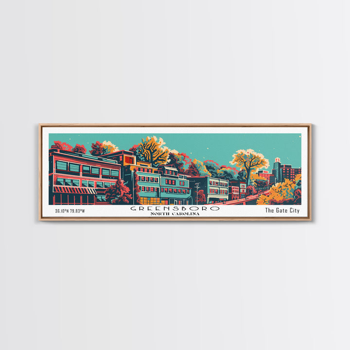 Greensboro North Carolina Travel Poster Framed Canvas Print, Panoramic Mid Century Modern Art, Pop Art Style, Wall Decor, Home Decor, Retro Style Art