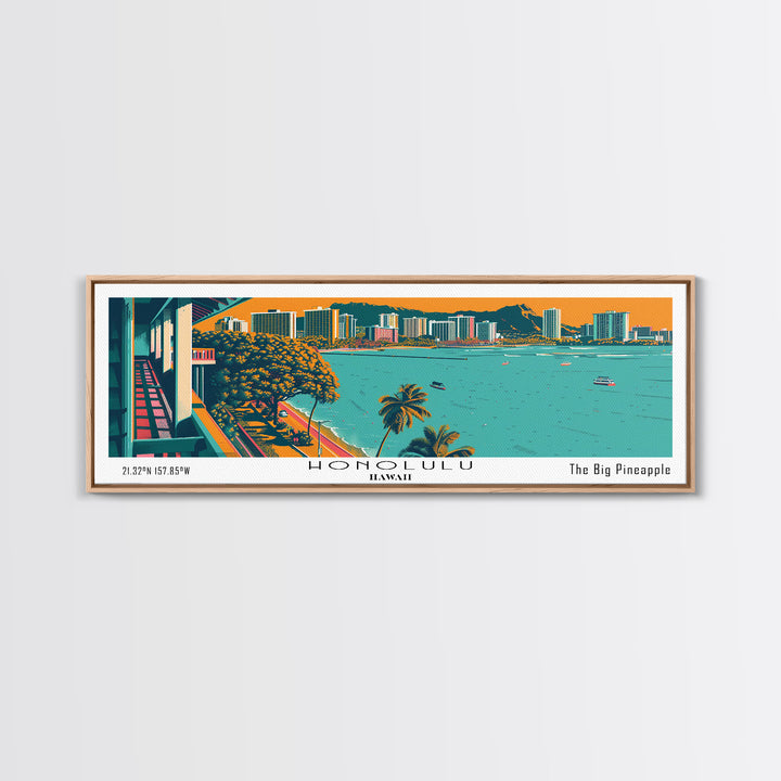 Honolulu Hawaii Panoramic Travel Poster Framed Canvas Print, Mid Century Modern Art, Pop Art Style, Wall Hanging, Home Decor, Vintage Wall Art, Office Wall Art