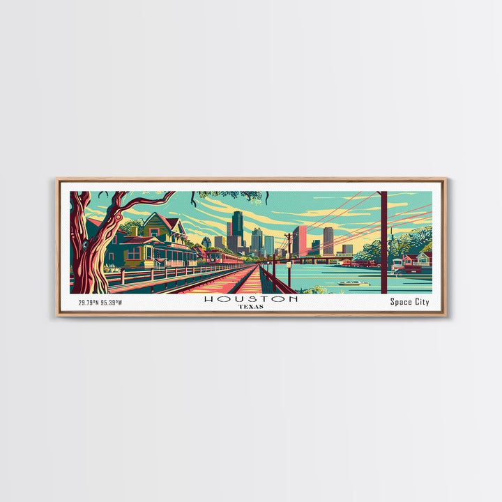 Houston Texas Panoramic Travel Poster Framed Canvas Print, Mid Century Modern Art, Pop Art Style, Wall Art, Living Room Decor, Home Decor, Retro Style Art