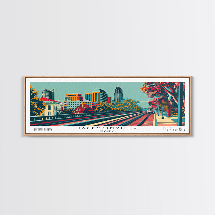 Jacksonville Florida Travel Poster Framed Canvas Print, Panoramic Mid Century Modern Art, Pop Art Style, Wall Art, Home Decor, Wall Hanging, Vintage Wall Art