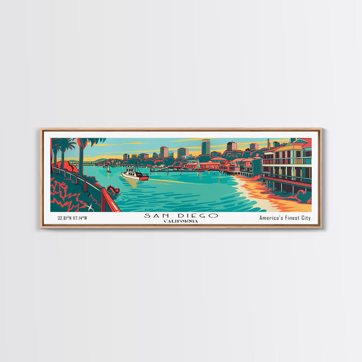San Diego California Panoramic Painting Framed Canvas Print, Travel Poster, Mid Century Modern Art, Pop Art Style, Wall Decor, Living Room Art