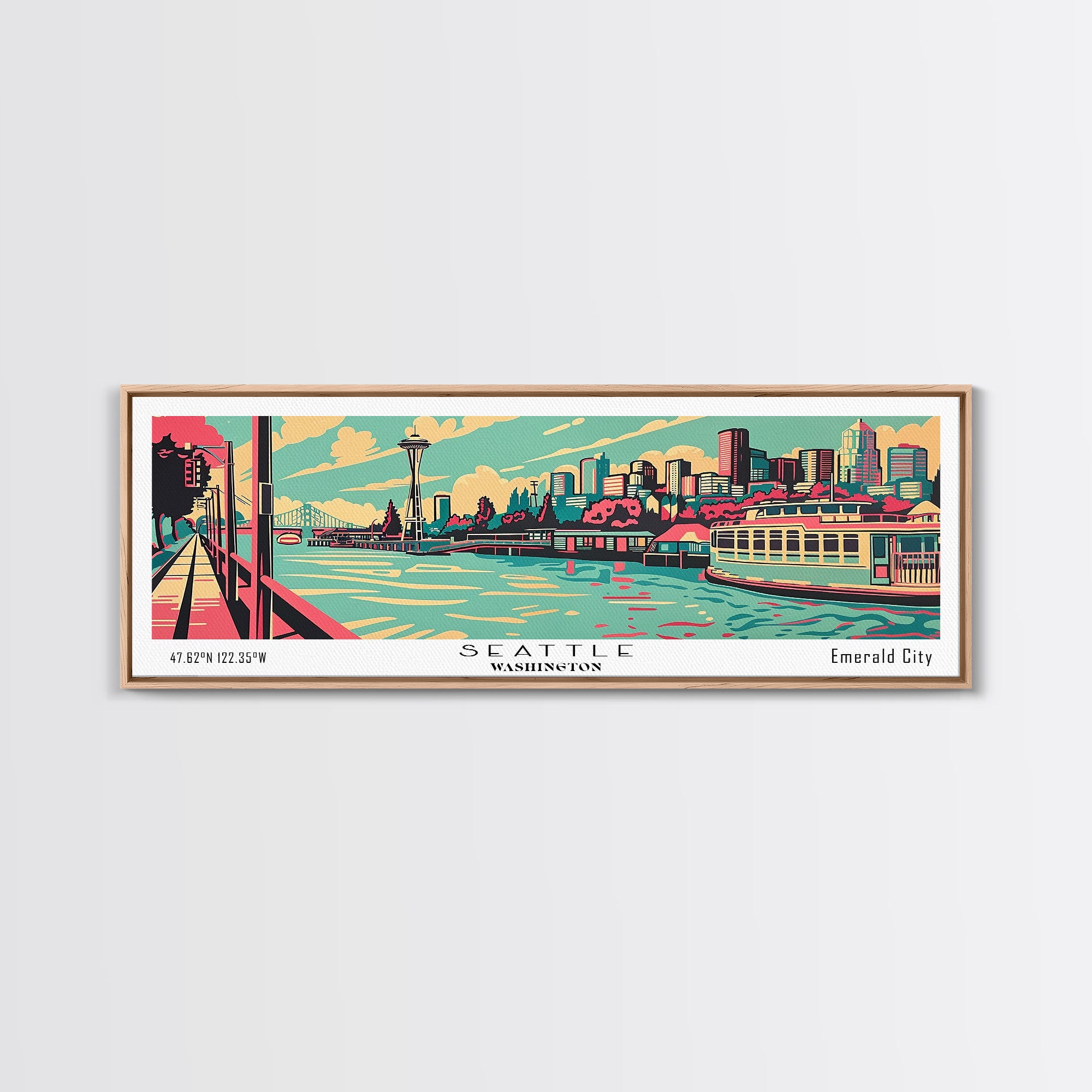 Seattle Washington Panoramic Painting Framed Canvas Print, Travel Post ...