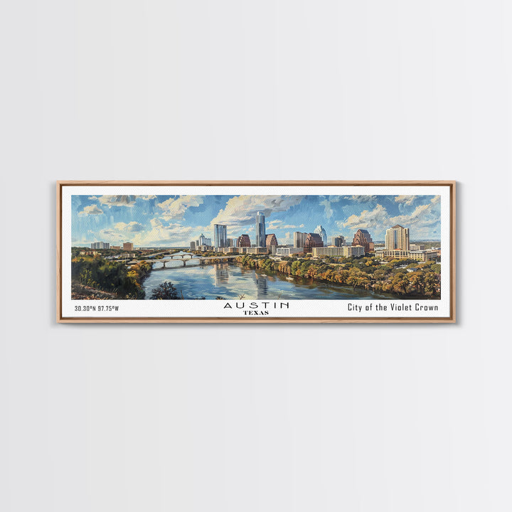 Austin Texas Panoramic Painting, Watercolor Framed Canvas Print, Scenic City Art, Travel Poster, Wall Decor, Living Room Art, Office Wall Art