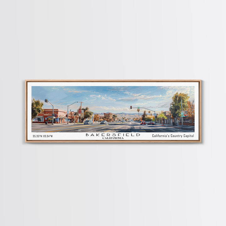 Bakersfield California Panoramic Painting, Watercolor Framed Canvas Print, Scenic City Art, Travel Poster, Home Decor, Wall Hanging, Gift Idea