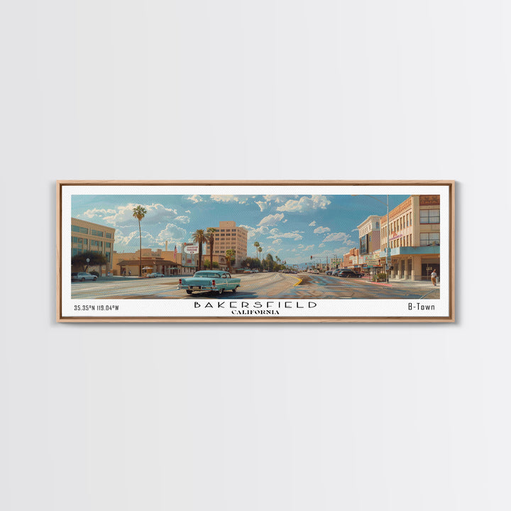 Bakersfield California Panoramic Watercolor Painting, Framed Canvas Print, Scenic City Art, Travel Poster, Wall Decor, Living Room Art, Office Wall Art