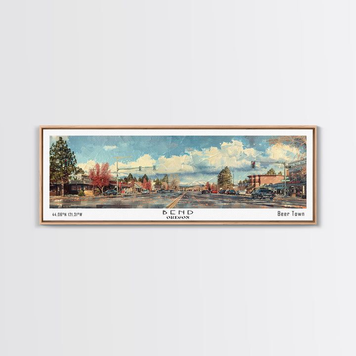 Bend Oregon Panoramic Painting, Watercolor Framed Canvas Print, Scenic City Art, Travel Poster, Home Decor, Wall Hanging, Living Room Art