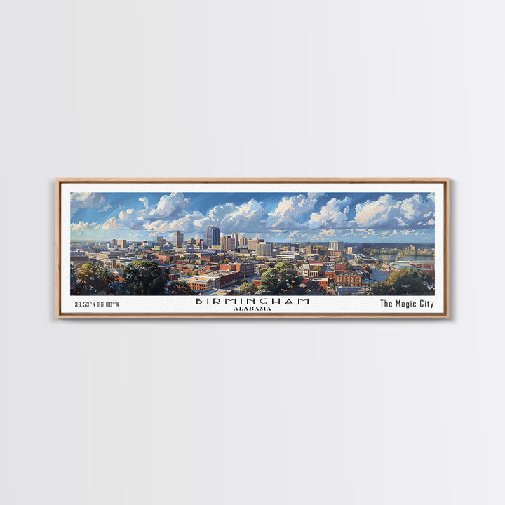 Birmingham Alabama Panoramic Watercolor Painting, Framed Canvas Print, Scenic City Art, Travel Poster, Home Decor, Wall Art, Office Wall Art