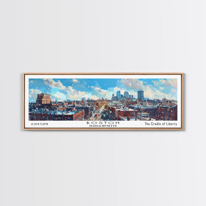 Boston Massachusetts Panoramic Watercolor Painting, Framed Canvas Print, Scenic City Art, Travel Poster, Home Decor, Wall Hanging, Living Room Art