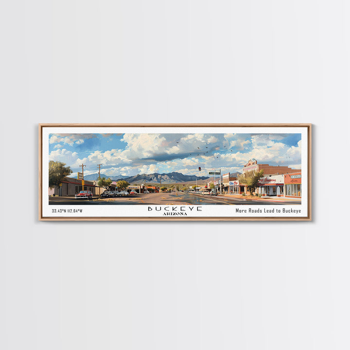 Buckeye Arizona Panoramic Watercolor Painting Framed Canvas Print, Travel Poster Art, Home Decor, Vibrant Arizona Cityscape, Office Decoration, Living Room Wall Art, Unique Gift