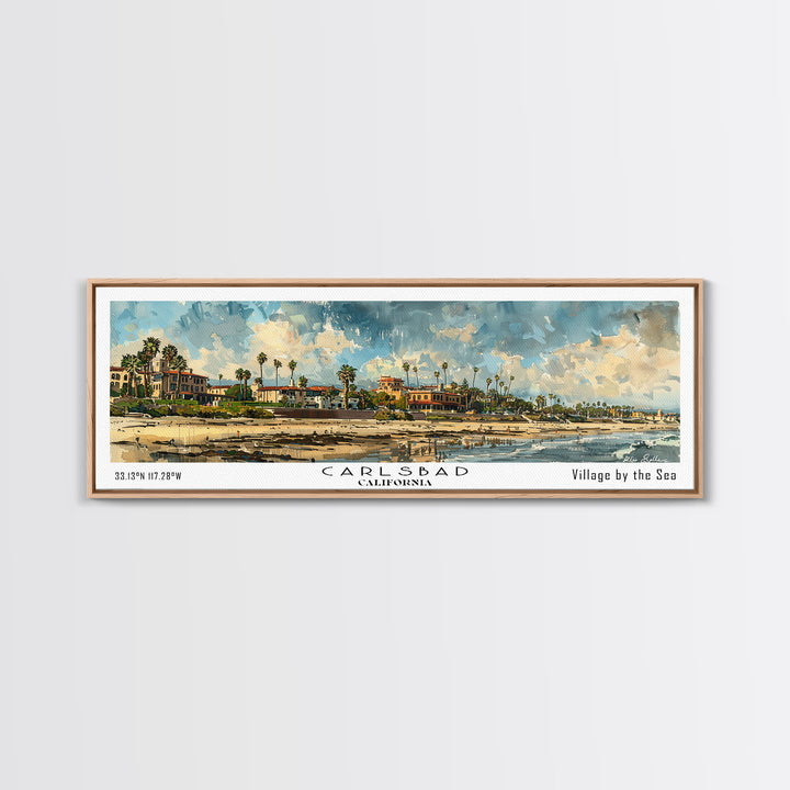 Carlsbad California Panoramic Watercolor Painting Framed Canvas Print, Travel Poster Art, Coastal Home Decor, Picturesque Cityscape, Wall Art for Bedroom, Office Wall Decoration, Travel Enthusiast Gift