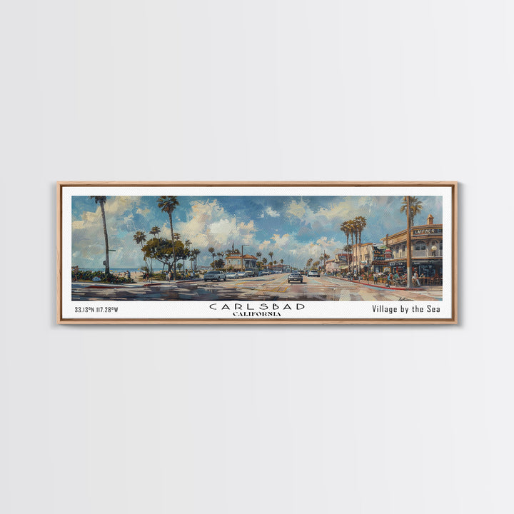Carlsbad California Panoramic Watercolor Style Framed Canvas Print, Coastal Travel Poster, Home Decor, Picturesque Seascape, Office Wall Art, Living Room Decoration, Unique Gift Idea