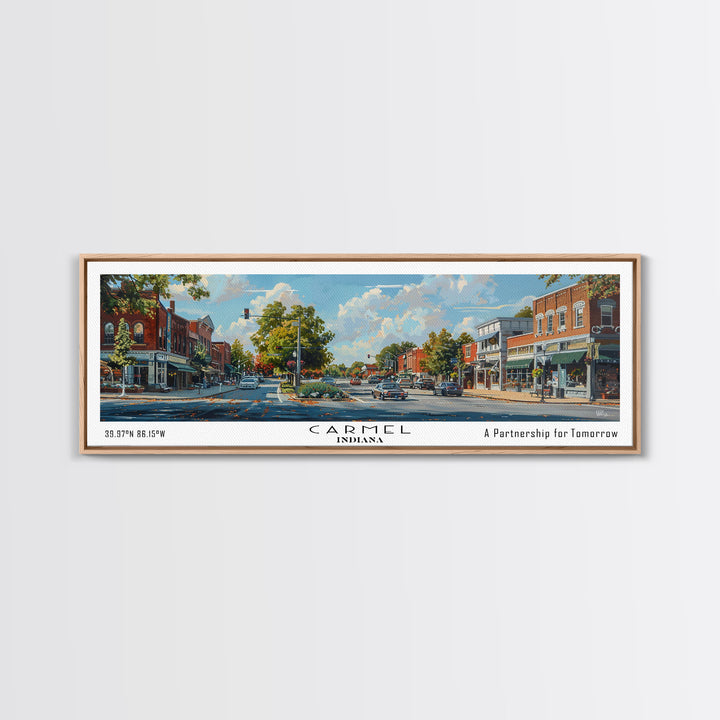 Carmel Indiana Panoramic Watercolor Painting Framed Canvas Print, Travel Poster Art, Charming Cityscape, Home Decor, Bedroom Wall Art, Office Decoration, Unique Travel Gift