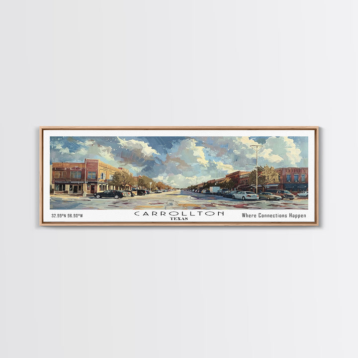 Carrolton Texas Panoramic Watercolor Painting Framed Canvas Print, Travel Poster Art, Home Decor, Texas City Landscape, Bedroom Wall Art, Office Decoration, Texas-Themed Gift