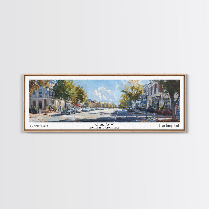 Cary North Carolina Panoramic Watercolor Painting Framed Canvas Print, Travel Poster Art, Home Decor, Picturesque North Carolina Landscape, Living Room Wall Art, Office Decoration, North Carolina Gift