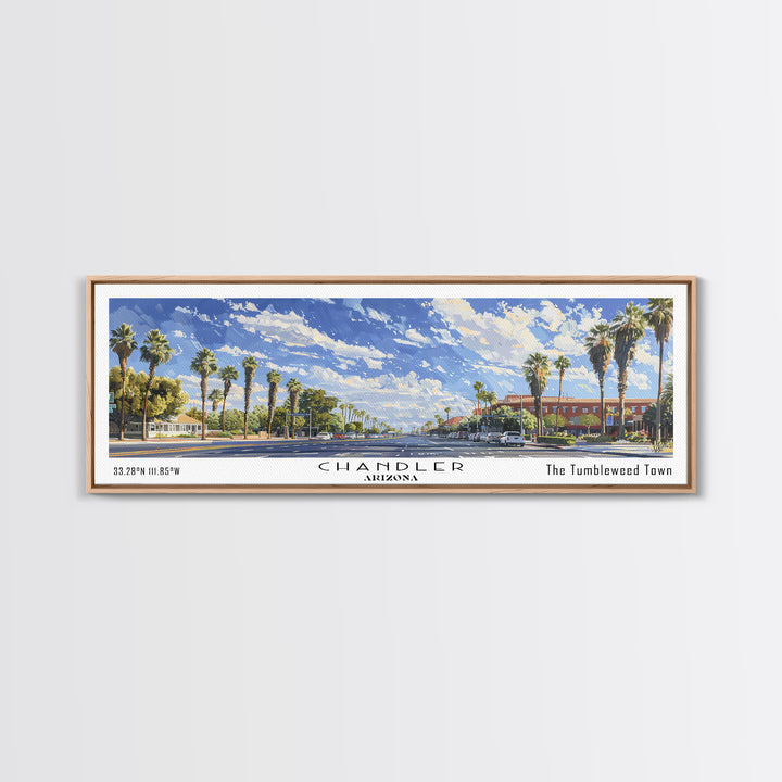 Chandler Arizona Panoramic Watercolor Painting Framed Canvas Print, Travel Poster Art, Home Decor, Vibrant Arizona Cityscape, Living Room Wall Art, Office Decoration, Gift for Art Lovers