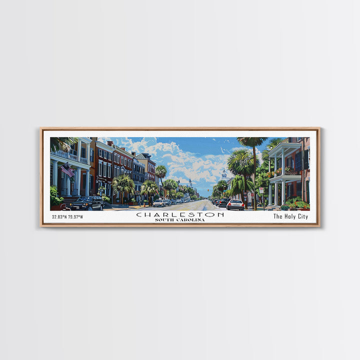 Charleston South Carolina Panoramic Watercolor Painting Framed Canvas Print, Travel Poster Art, Coastal Cityscape, Living Room Decor, Wall Hanging, Office Art, Southern Charm Gift