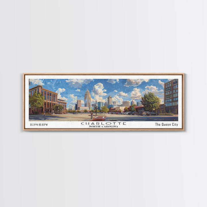 Charlotte North Carolina Panoramic Watercolor Painting Framed Canvas Print, Travel Poster Art, Urban Cityscape, Living Room Decor, Wall Art, Office Decoration, North Carolina Gift