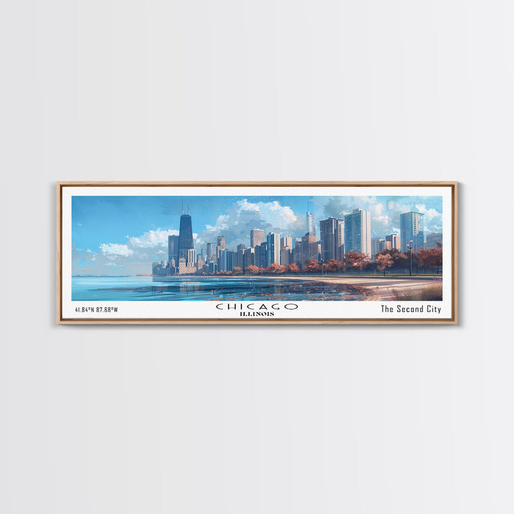 Chicago Illinois Panoramic Watercolor Painting Framed Canvas Print, Travel Poster Art, Urban Landscape, Bedroom Wall Art, Living Room Decoration, Office Wall Art, Windy City Gift
