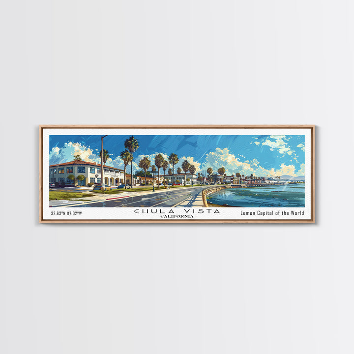 Chula Vista California Panoramic Watercolor Painting Framed Canvas Print, Travel Poster Art, Coastal View, Home Decor, Wall Hanging, Office Art, Gift for Coastal Lovers