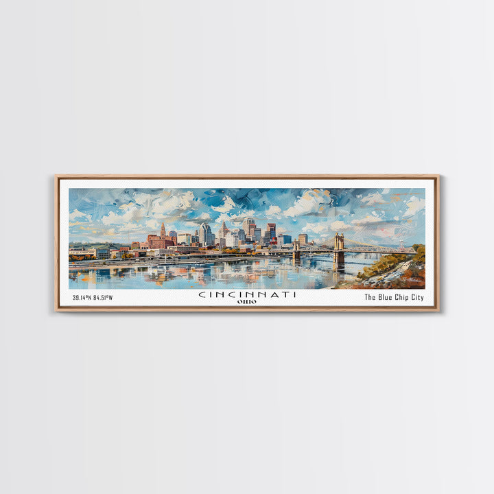 Cincinnati Ohio Panoramic Watercolor Painting Framed Canvas Print, Travel Poster Art, Urban Cityscape, Home Decor, Living Room Wall Art, Office Decoration, Gift for Ohioans