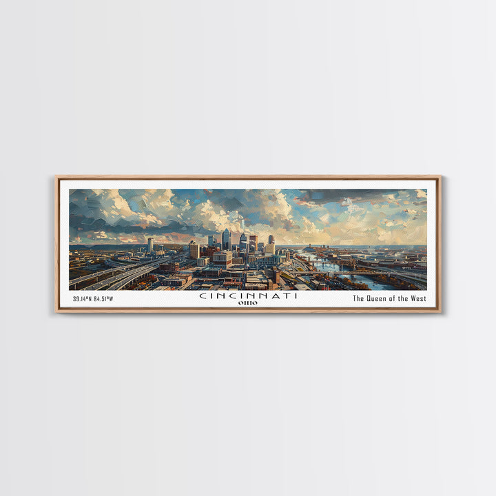 Cincinnati Ohio Panoramic Watercolor Painting Framed Canvas Print, Travel Poster Art, Urban Landscape, Bedroom Wall Art, Living Room Decoration, Office Wall Art, Ohio-Themed Gift