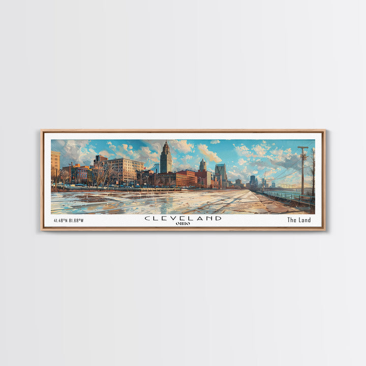 Cleveland Ohio Panoramic Watercolor Painting Framed Canvas Print, Travel Poster Art, Urban Cityscape, Home Decor, Living Room Wall Art, Office Decoration, Gift for Ohioans