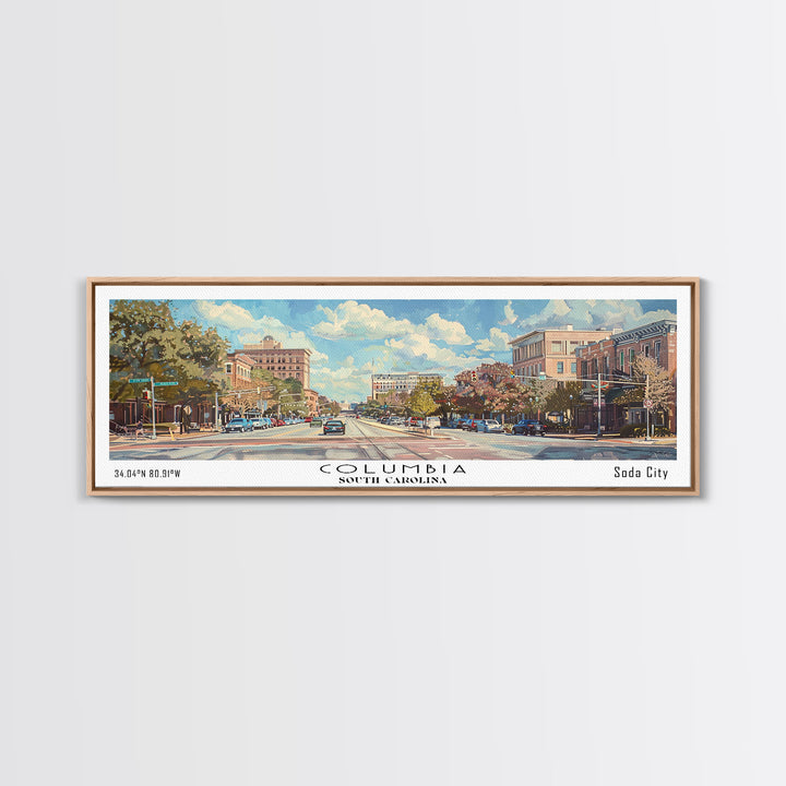 Columbia South Carolina Panoramic Watercolor Painting Framed Canvas Print, Travel Poster Art, Urban Cityscape, Living Room Decor, Wall Hanging, Office Art, Southern Charm Gift