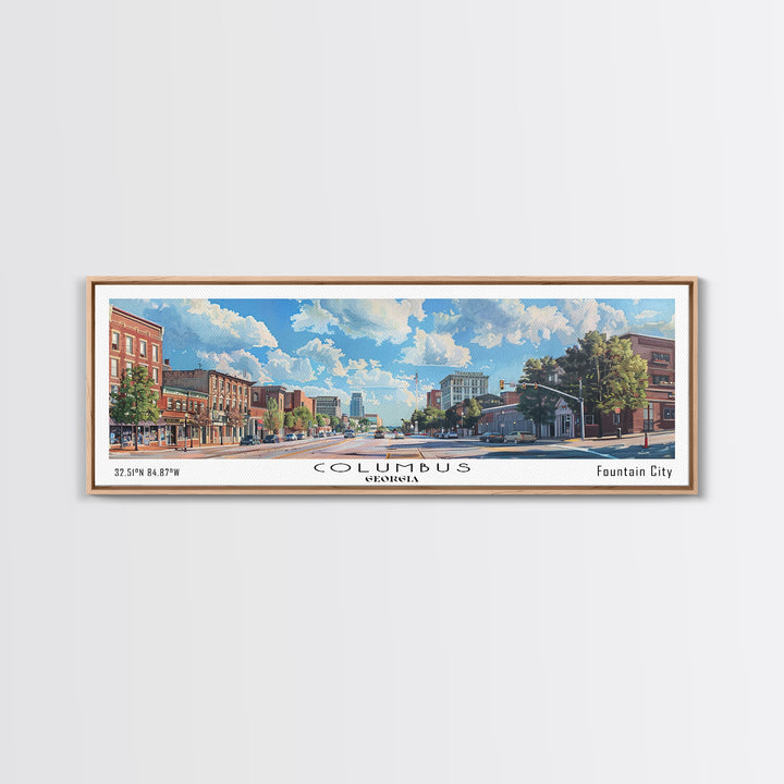 Columbus Georgia Panoramic Watercolor Painting Framed Canvas Print, Travel Poster Art, Picturesque Landscape, Home Decor, Living Room Wall Art, Office Decoration, Unique Travel Gift