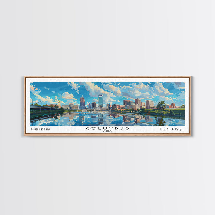 Columbus Ohio Panoramic Watercolor Painting Framed Canvas Print, Travel Poster Art, Urban Cityscape, Home Decor, Living Room Wall Art, Office Decoration, Gift for Ohioans