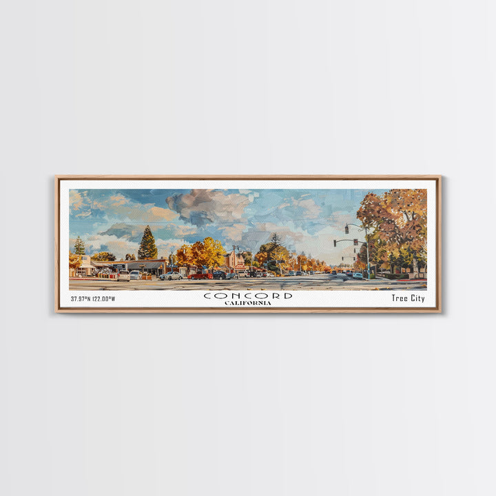 Concord California Panoramic Watercolor Painting Framed Canvas Print, Travel Poster Art, Urban Landscape, Bedroom Wall Art, Living Room Decoration, Office Wall Art, California-Themed Gift