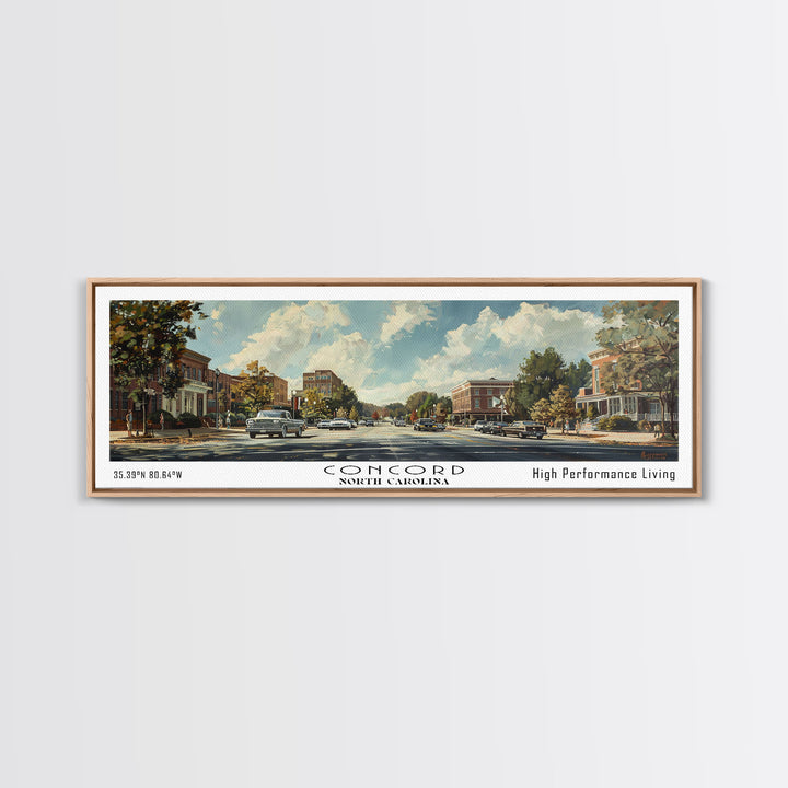 Concord North Carolina Panoramic Watercolor Painting Framed Canvas Print, Travel Poster Art, Urban Cityscape, Living Room Decor, Wall Hanging, Office Art, Southern Charm Gift