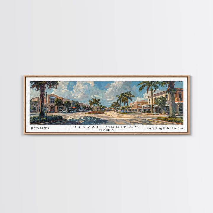 Coral Springs Florida Panoramic Watercolor Painting Framed Canvas Print, Travel Poster Art, Coastal View, Home Decor, Living Room Wall Art, Office Decoration, Gift for Beach Lovers