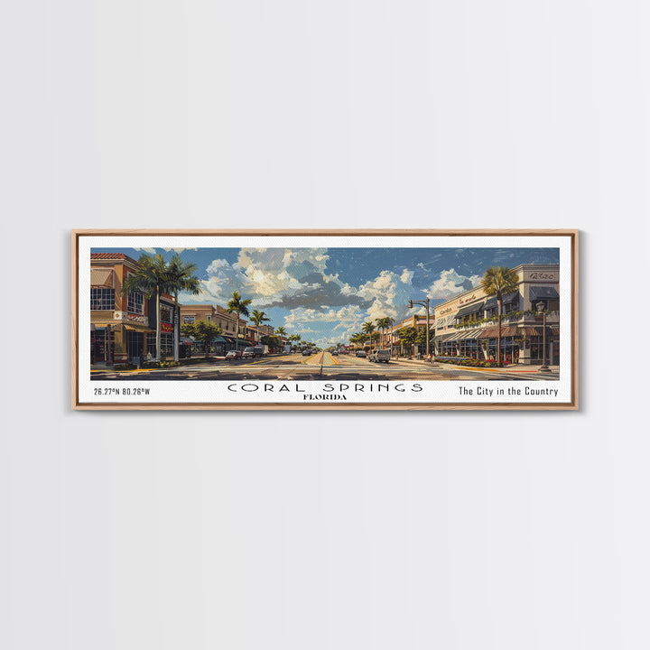Coral Springs Florida Panoramic Watercolor Painting Framed Canvas Print, Travel Poster Art, Scenic Coastal View, Bedroom Wall Art, Living Room Decoration, Office Wall Art, Florida-Themed Gift