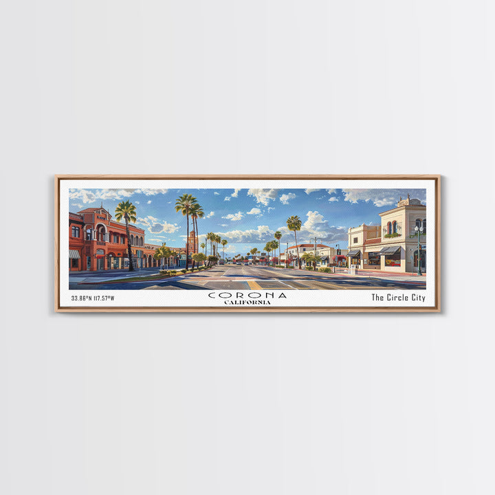 Corona California Panoramic Watercolor Painting Framed Canvas Print, Travel Poster Art, Urban Cityscape, Home Decor, Living Room Wall Art, Office Decoration, Gift for California Lovers