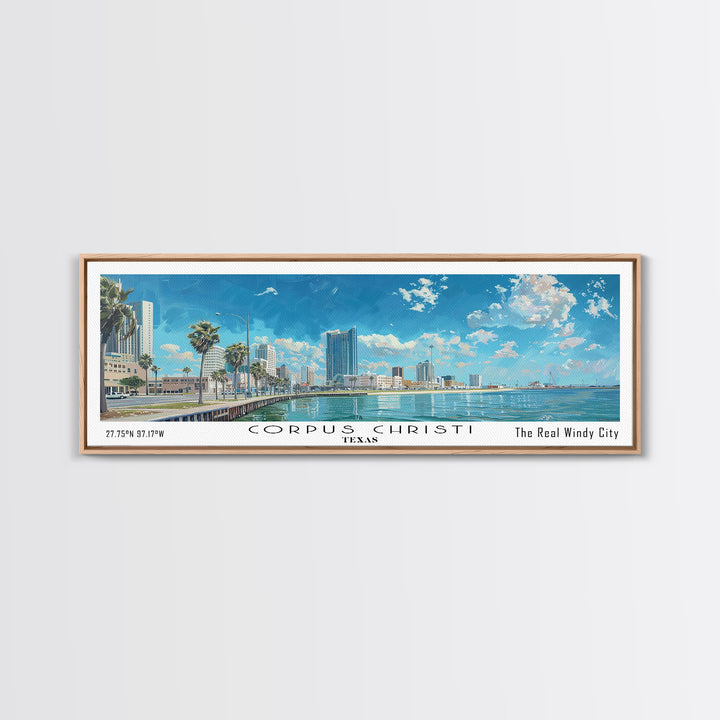 Corpus Christi Texas Panoramic Watercolor Painting, Scenic Framed Canvas Print, Coastal Wall Art for Living Room, Travel Decor, City Print, Vacation Gift