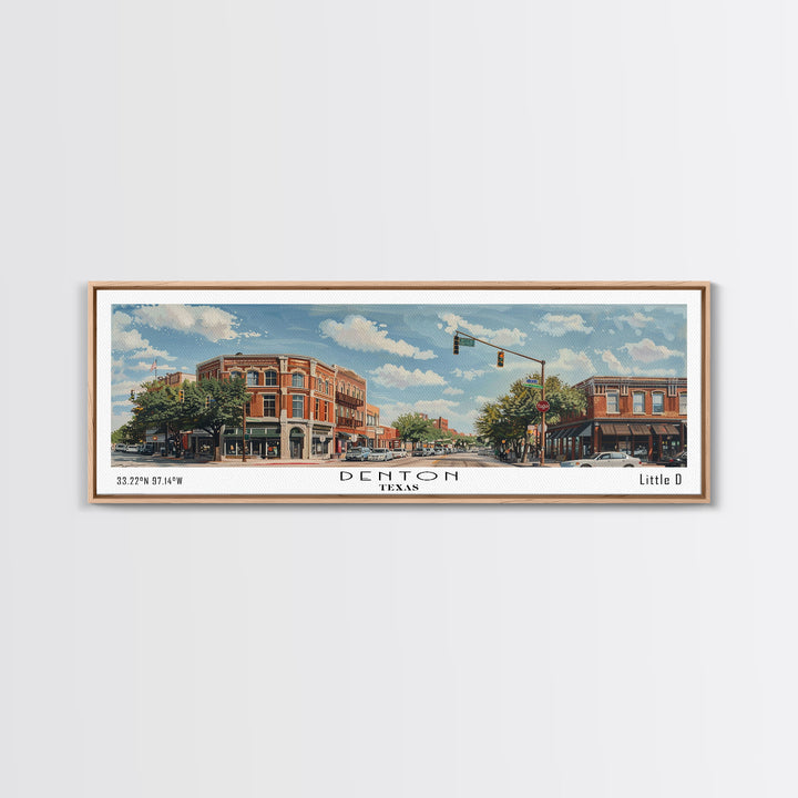 Denton Texas Panoramic Watercolor Painting, Scenic Framed Canvas Print, Urban Wall Art for Living Room, Travel Decor, City Print, Gift Idea