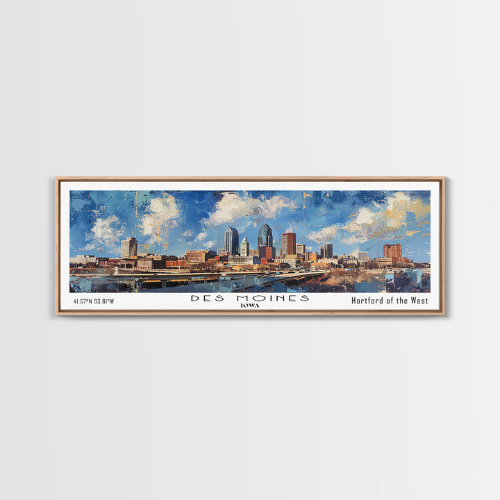 Des Moines Iowa Panoramic Watercolor Painting, Scenic Framed Canvas Print, Urban Wall Art for Office, Travel Poster, Home Decor, City Gift Idea