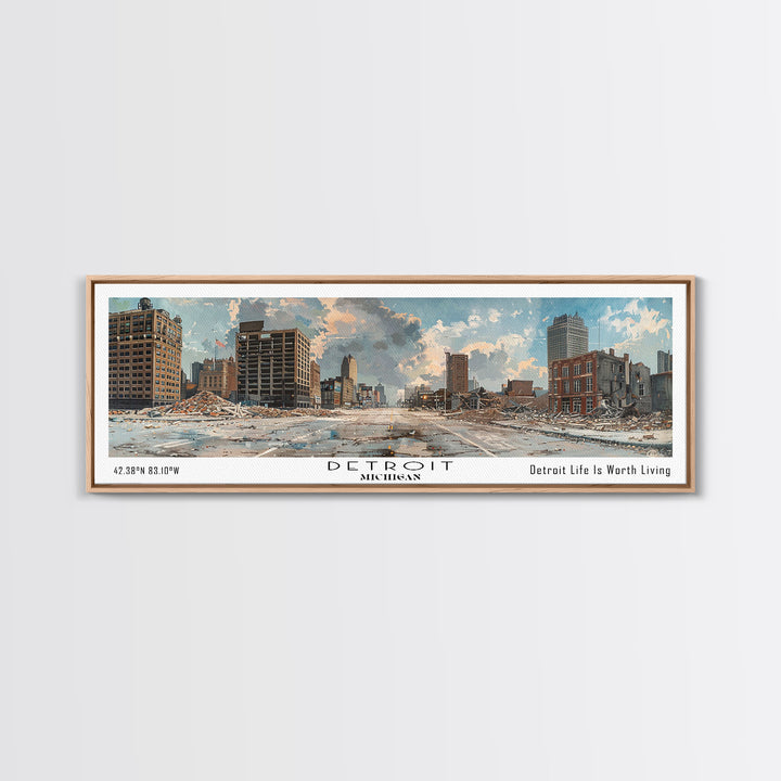 Detroit Michigan Panoramic Watercolor Painting, Scenic Framed Canvas Print, Urban Wall Art for Living Room, Travel Poster, Home Decor, City Gift Idea